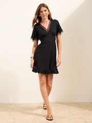 Friends Like These Black Lace Detail V-Neck Short Sleeve Mini Dress - Image 3 of 4
