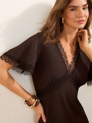Friends Like These Chocolate Brown Lace Detail V-Neck Short Sleeve Mini Dress - Image 2 of 4