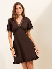 Friends Like These Chocolate Brown Lace Detail V-Neck Short Sleeve Mini Dress - Image 3 of 4