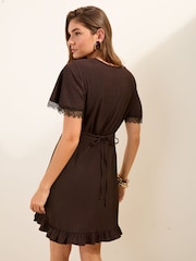 Friends Like These Chocolate Brown Lace Detail V-Neck Short Sleeve Mini Dress - Image 4 of 4