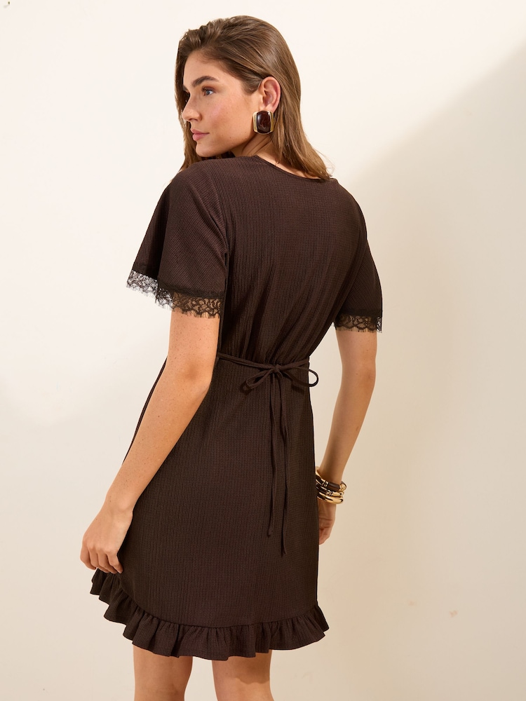 Friends Like These Chocolate Brown Lace Detail V-Neck Short Sleeve Mini Dress - Image 4 of 4 Friends Like These Chocolate Brown Lace Detail V-Neck Short Sleeve Mini Dress - Image 4 of 4