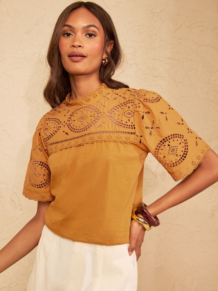 Love & Roses Ochre Yellow Broderie Yoke T-Shirt - Image 1 of 4