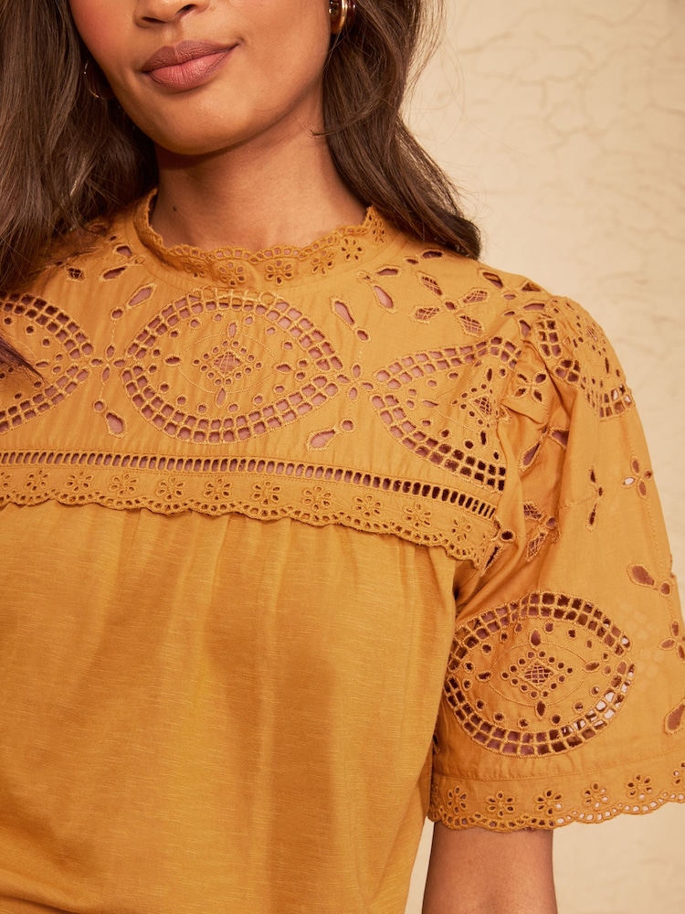 Love & Roses Ochre Yellow Broderie Yoke T-Shirt - Image 2 of 4