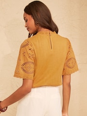 Love & Roses Ochre Yellow Broderie Yoke T-Shirt - Image 4 of 4