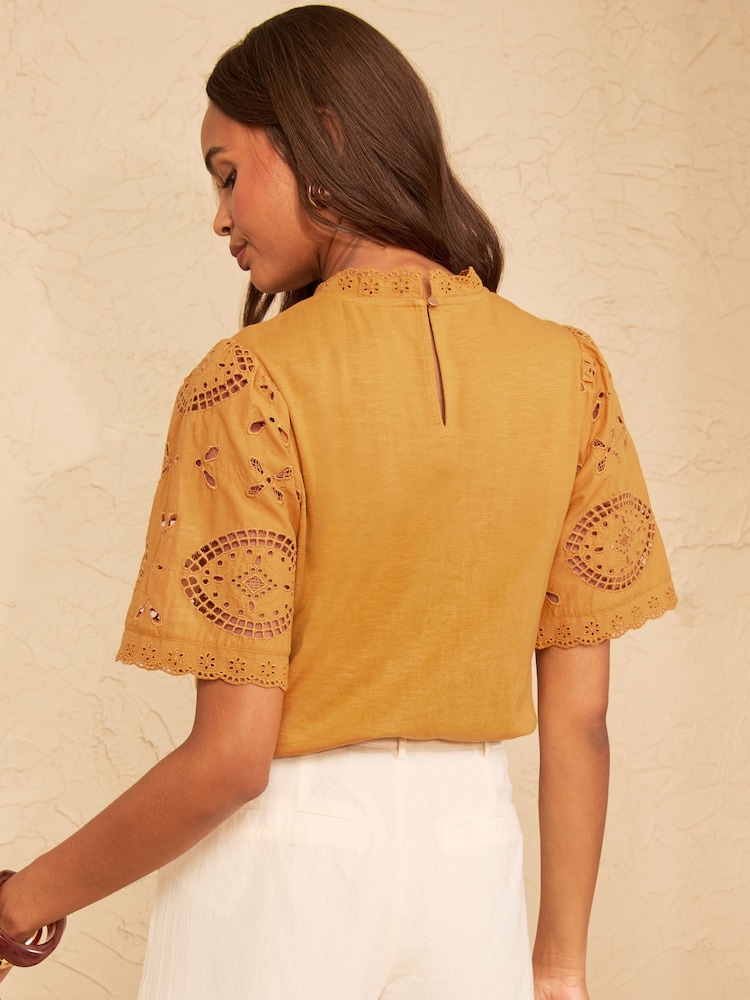 Love & Roses Ochre Yellow Broderie Yoke T-Shirt - Image 4 of 4
