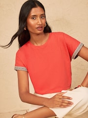 Love & Roses Red Aztec Trim Crew Neck Tipped T-Shirt - Image 1 of 4