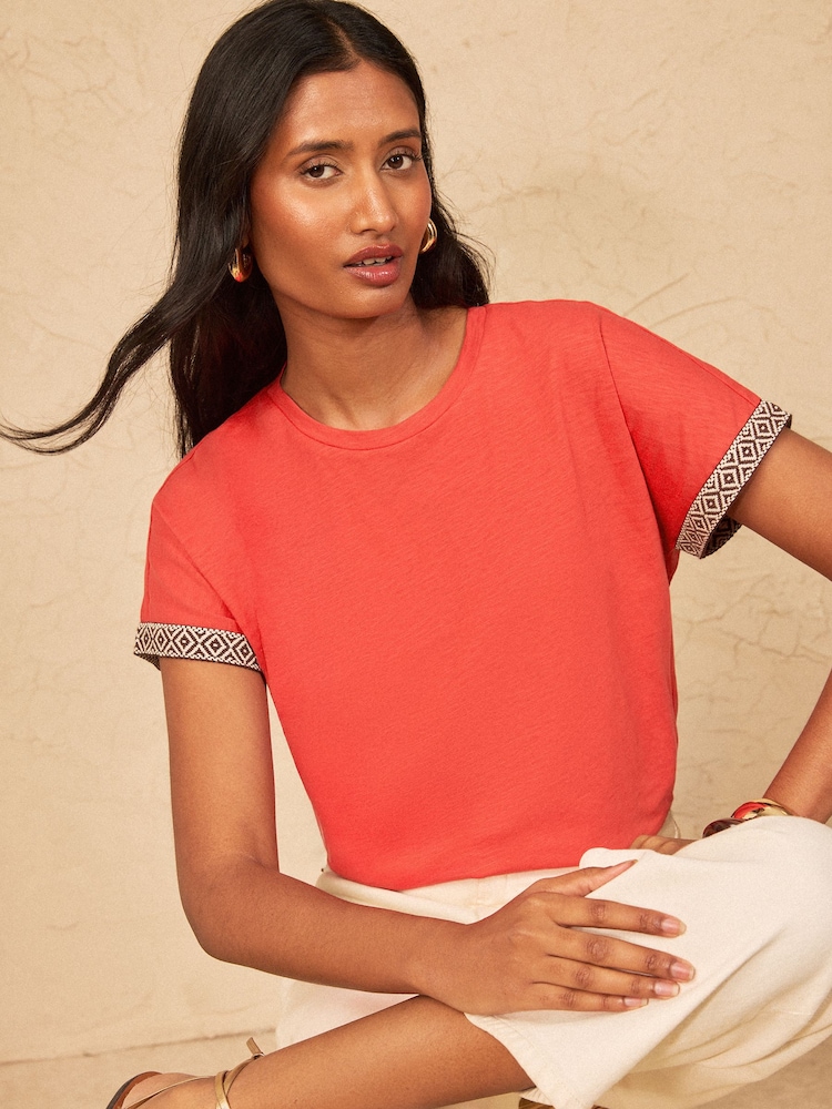 Love & Roses Red Aztec Trim Crew Neck Tipped T-Shirt - Image 1 of 4