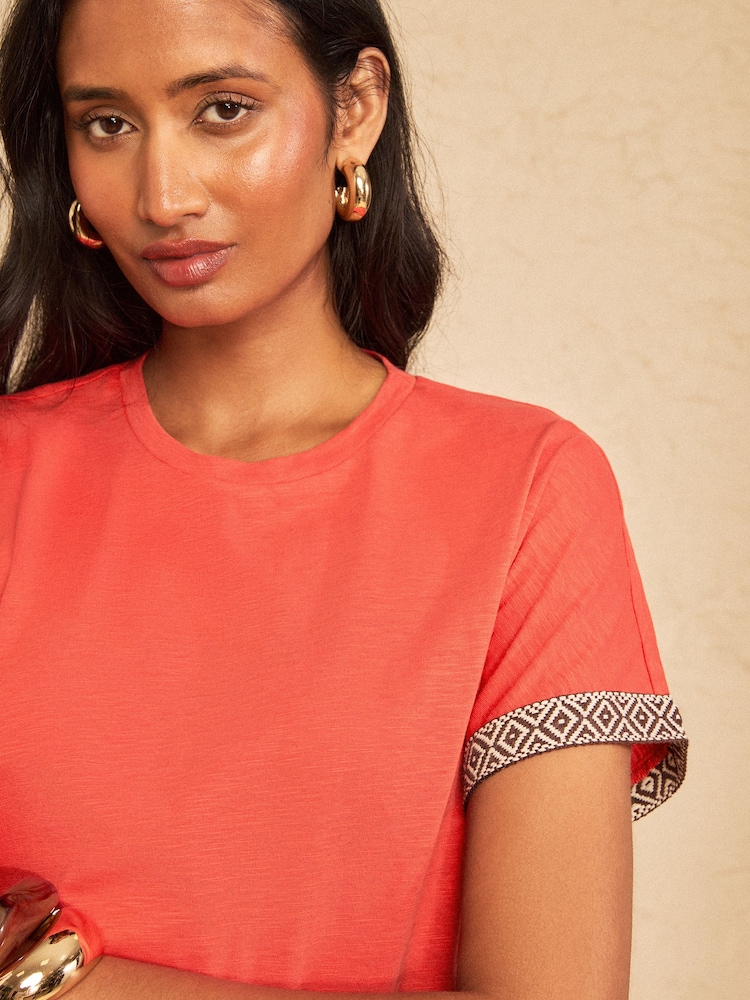 Love & Roses Red Aztec Trim Crew Neck Tipped T-Shirt - Image 2 of 4