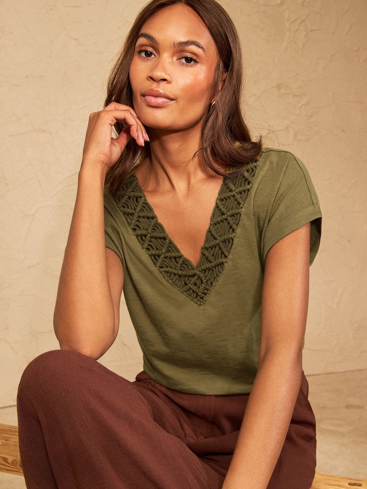 Love & Roses Khaki Green Rope Trim V Neck T-Shirt - Image 1 of 4