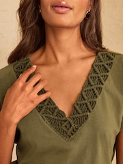 Love & Roses Khaki Green Rope Trim V Neck T-Shirt - Image 2 of 4