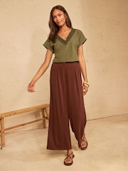 Love & Roses Khaki Green Rope Trim V Neck T-Shirt - Image 3 of 4