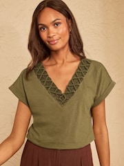 Love & Roses Khaki Green Rope Trim V Neck T-Shirt - Image 4 of 4