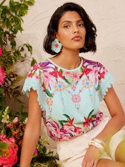 Love & Roses Aqua Blue Printed Flutter Sleeve T-Shirt - Image 1 of 4