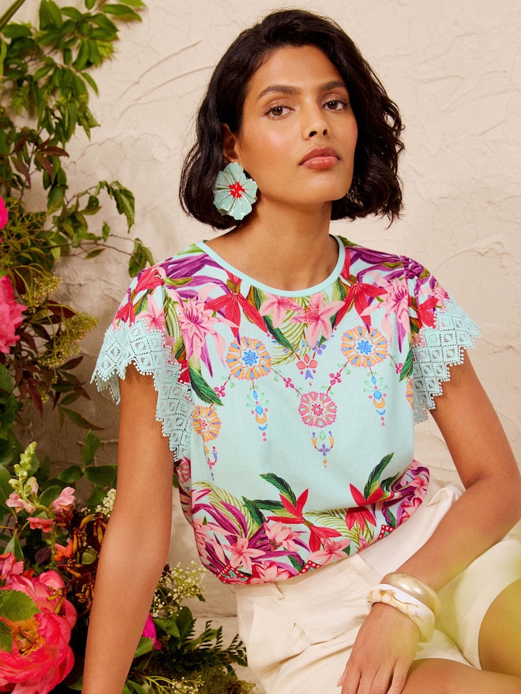 Love & Roses Aqua Blue Printed Flutter Sleeve T-Shirt - Image 1 of 4
