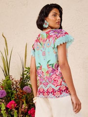 Love & Roses Aqua Blue Printed Flutter Sleeve T-Shirt - Image 2 of 4