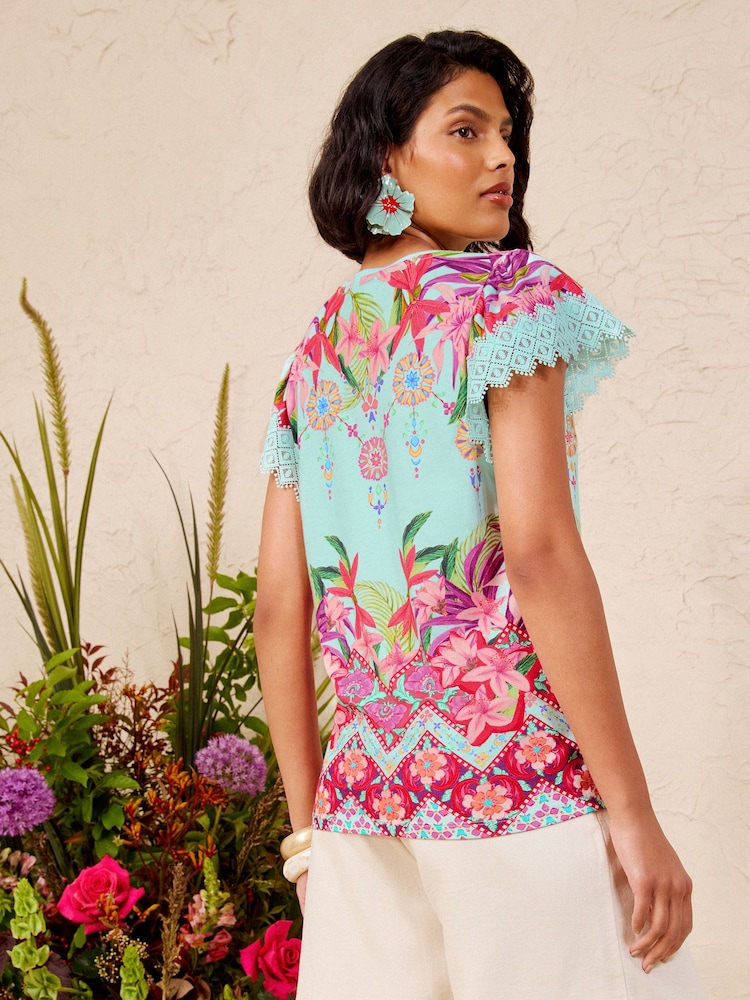 Love & Roses Aqua Blue Printed Flutter Sleeve T-Shirt - Image 2 of 4
