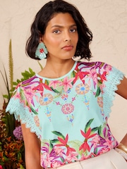 Love & Roses Aqua Blue Printed Flutter Sleeve T-Shirt - Image 4 of 4