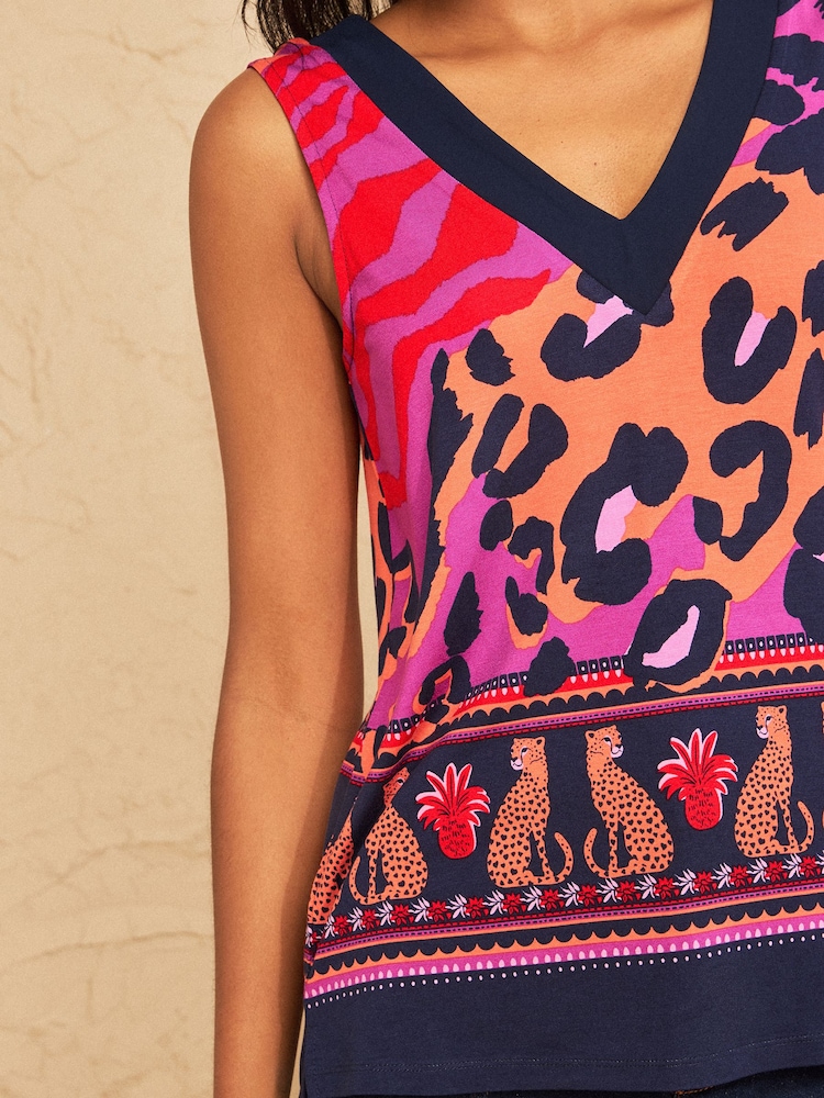 Love & Roses Purple Animal Print Chiffon Trim V-Neck Jersey Vest - Image 2 of 4 Love & Roses Purple Animal Print Chiffon Trim V-Neck Jersey Vest - Image 2 of 4