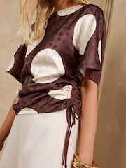 Love & Roses Chocolate Brown Satin Spot Print Top - Image 2 of 4