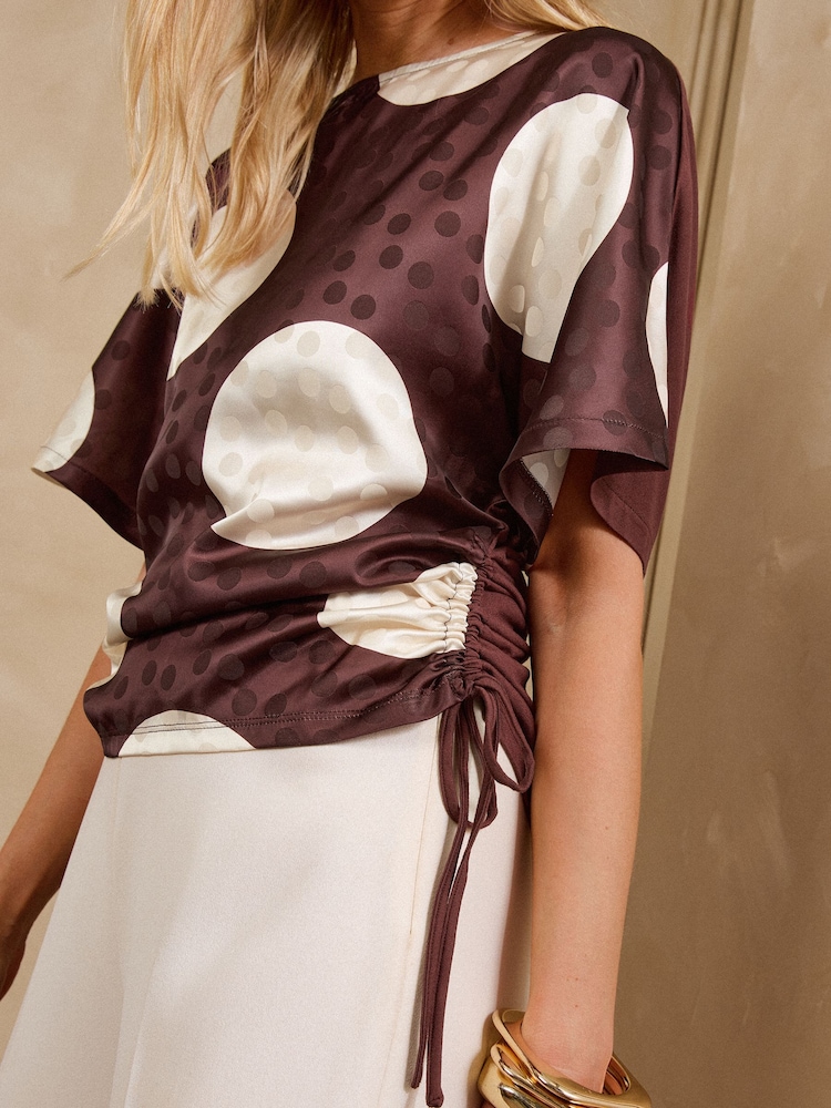 Love & Roses Chocolate Brown Satin Spot Print Top - Image 2 of 4