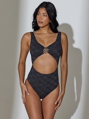 South Beach Black Cut Out Sunburst Decal Tummy Control Swimsuit - Image 3 of 6