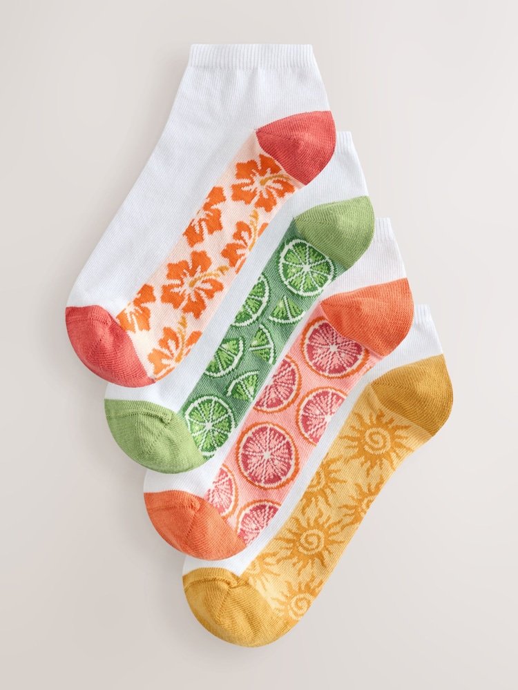 White/Bright Fruits Printed Footbed Trainer Socks 4 Pack - Image 1 of 7