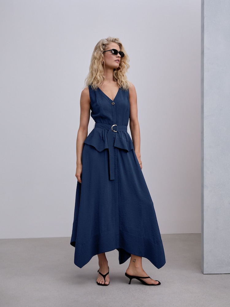 أزرق - فستان متوسط الطول بياقة حرف V 2 باللون 1 وحاشية متدلية - صورة 1 من 8