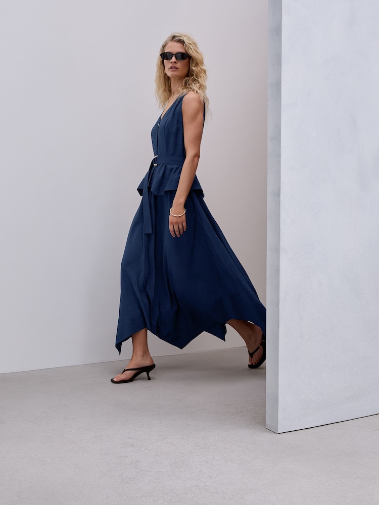 أزرق - فستان متوسط الطول بياقة حرف V 2 باللون 1 وحاشية متدلية - صورة 2 من 8