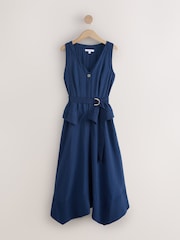 أزرق - فستان متوسط الطول بياقة حرف V 2 باللون 1 وحاشية متدلية - صورة 5 من 8