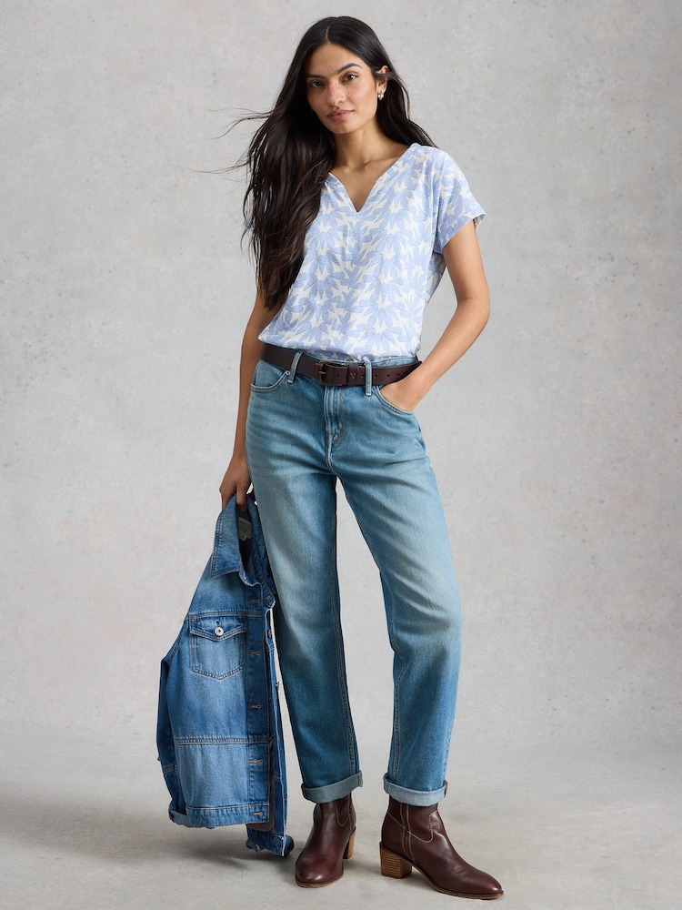 White Stuff Sky Blue/ White 100% Cotton Nelly Notch Neck T-Shirt - Image 1 of 6 White Stuff Sky Blue/ White 100% Cotton Nelly Notch Neck T-Shirt - Image 1 of 6