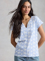 White Stuff Sky Blue/ White 100% Cotton Nelly Notch Neck T-Shirt - Image 2 of 6