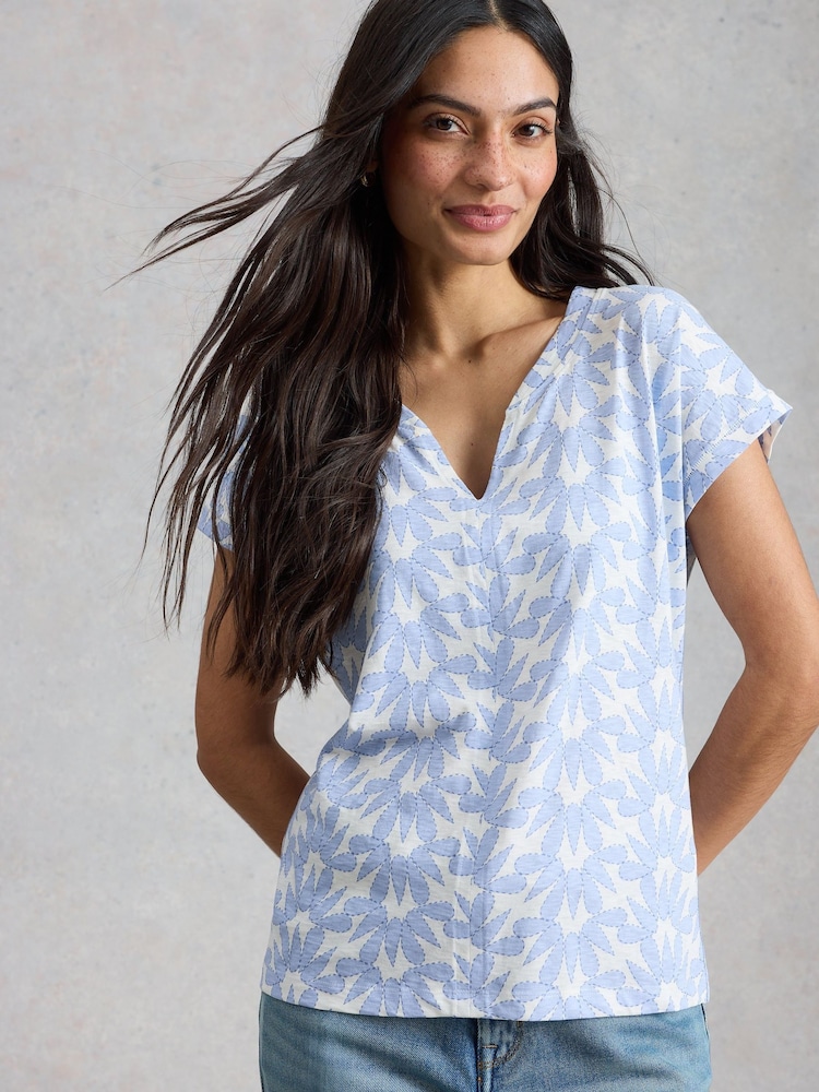 White Stuff Sky Blue/ White 100% Cotton Nelly Notch Neck T-Shirt - Image 2 of 6 White Stuff Sky Blue/ White 100% Cotton Nelly Notch Neck T-Shirt - Image 2 of 6