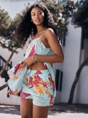 Light Blue/Pink Map Print - Shorts with Linen - 5的图像1｝