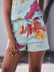 Light Blue/Pink Map Print - Shorts with Linen - 5的图像3｝