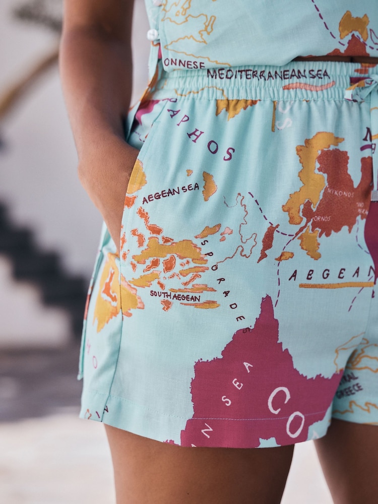 Light Blue/Pink Map Print - Shorts with Linen - 5的图像5｝
