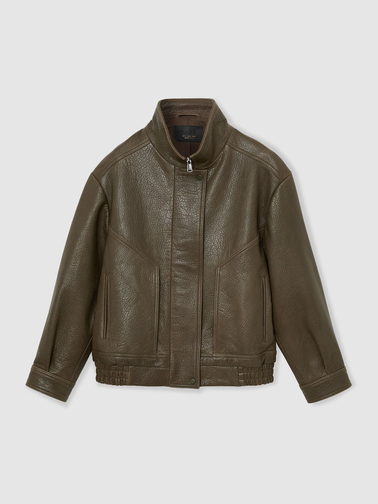 Reiss Khaki Green Kiara Oversize Grained-Leather Bomber Jacket - Image 2 of 8