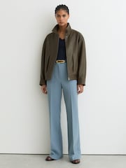 Reiss Khaki Green Kiara Oversize Grained-Leather Bomber Jacket - Image 3 of 8