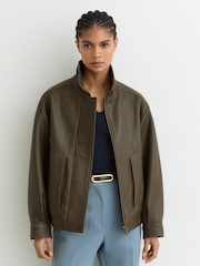 Reiss Khaki Green Kiara Oversize Grained-Leather Bomber Jacket - Image 4 of 8