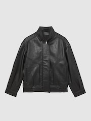 Reiss Black Kiara Oversize Grained-Leather Bomber Jacket - Image 2 of 8