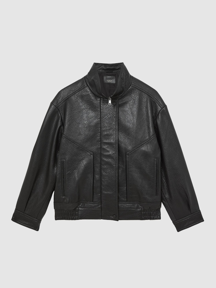 Reiss Black Kiara Oversize Grained-Leather Bomber Jacket - Image 2 of 8