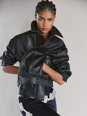 Reiss Black Kiara Oversize Grained-Leather Bomber Jacket - Image 3 of 8
