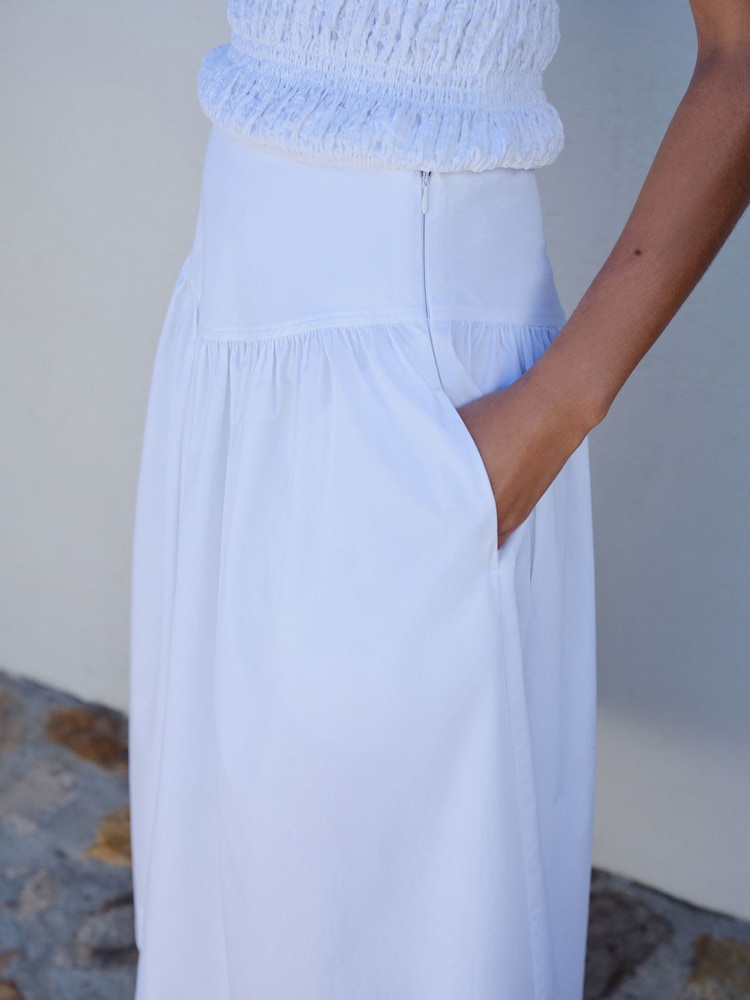 White Cotton Poplin Drop Waist Midi Skirt - Image 5 of 5