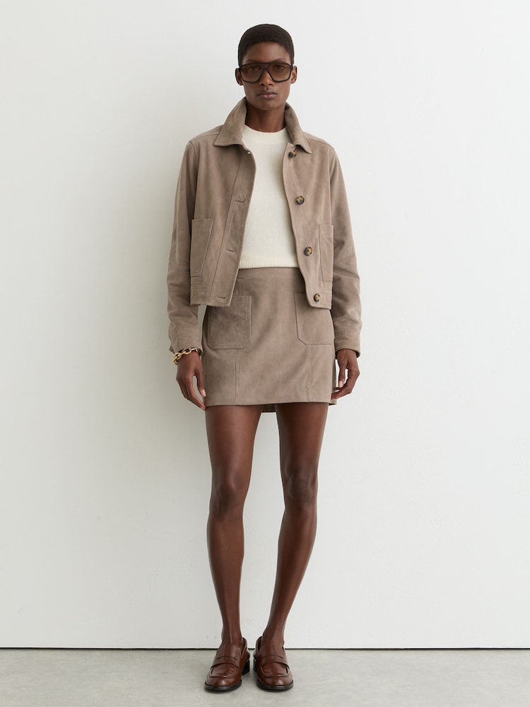 Reiss Neutral Vida Suede Patch-Pocket Mini Skirt - Image 1 of 6 Reiss Neutral Vida Suede Patch-Pocket Mini Skirt - Image 1 of 6