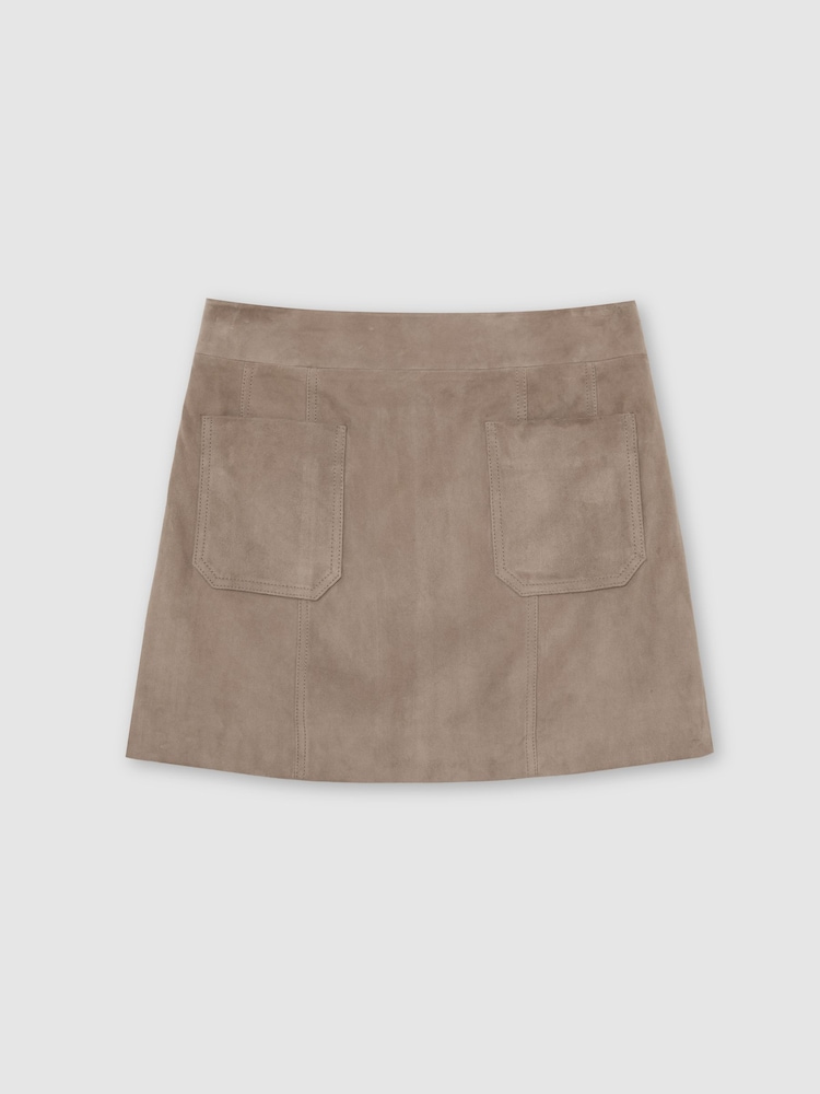 Reiss Neutral Vida Suede Patch-Pocket Mini Skirt - Image 2 of 6 Reiss Neutral Vida Suede Patch-Pocket Mini Skirt - Image 2 of 6