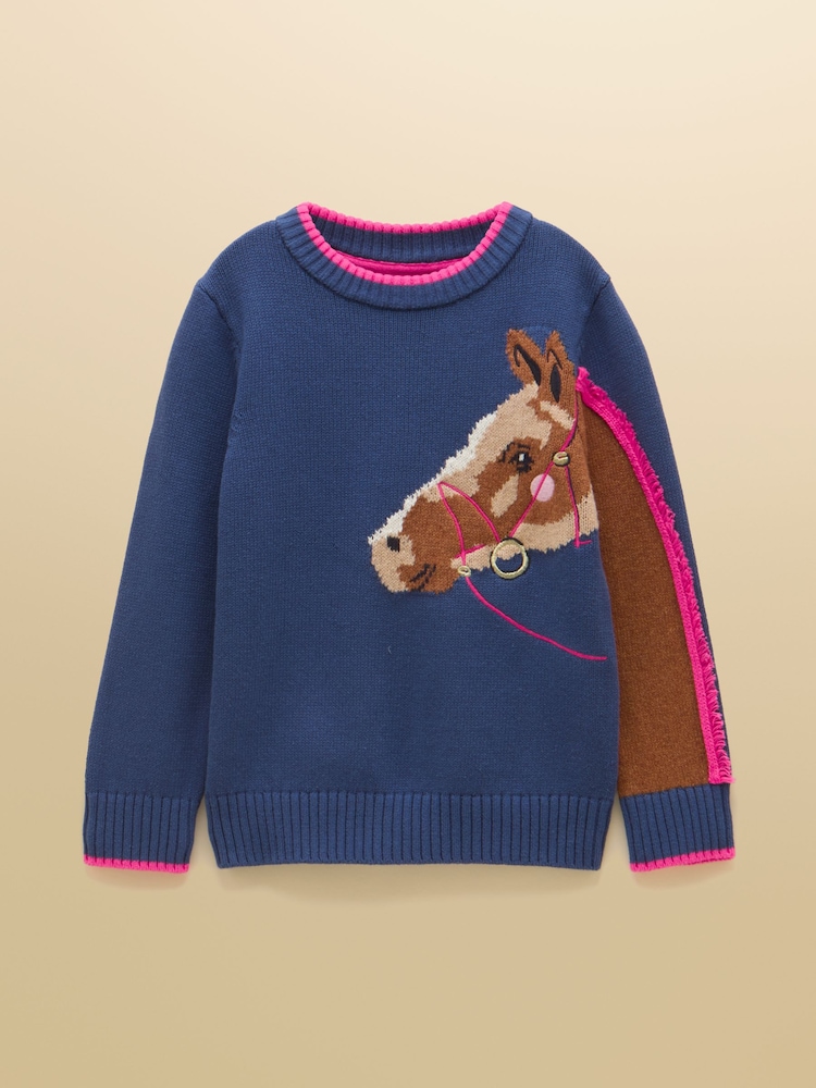 Joules Girls' Geegee Navy Horse Intarsia Jumper - Image 1 of 5