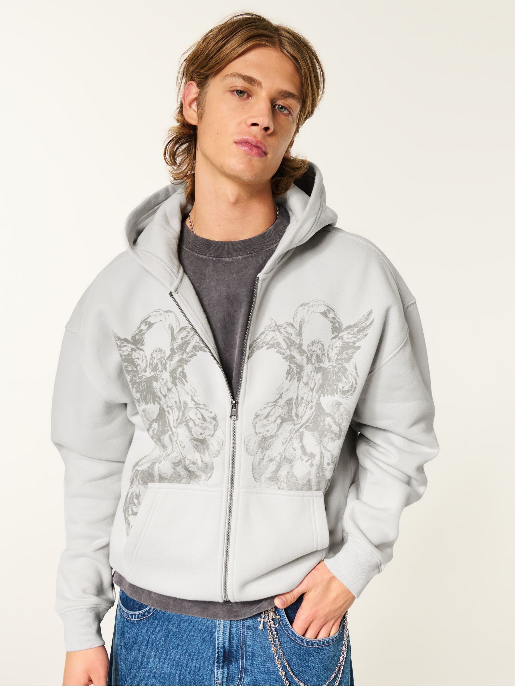 Buy Hollister Grey Feel Good Boxy Zip-Up Angel Graphic Hoodie from