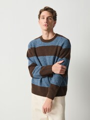 Blue/Brown Relaxed Fit Cosy Crew Neck Jumper with Wool - Image 1 of 5