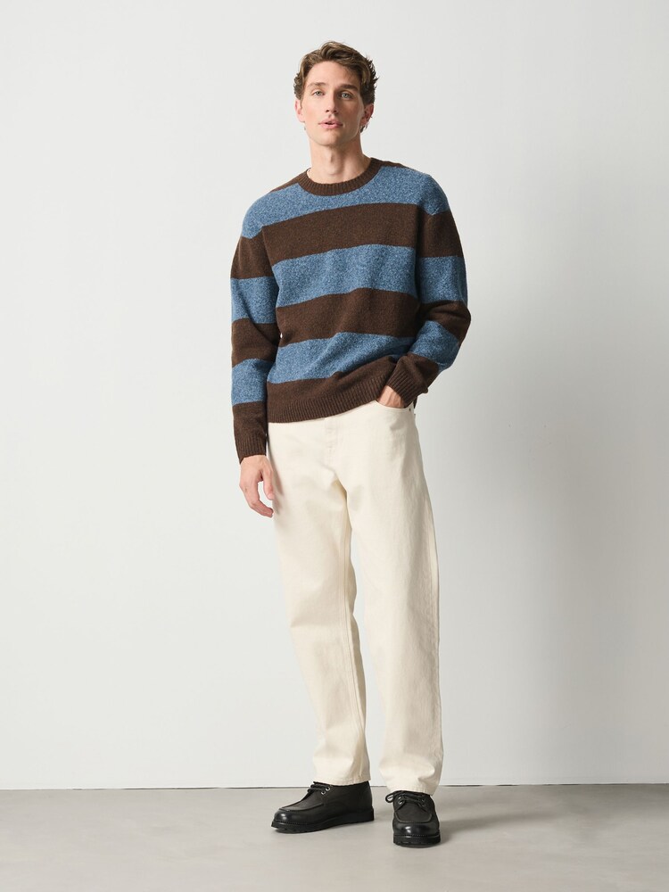 Blue/Brown Relaxed Fit Cosy Crew Neck Jumper with Wool - Image 2 of 5 Blue/Brown Relaxed Fit Cosy Crew Neck Jumper with Wool - Image 2 of 5