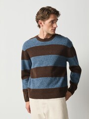 Blue/Brown Relaxed Fit Cosy Crew Neck Jumper with Wool - Image 4 of 5