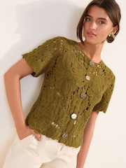Friends Like These Olive Green Crochet Cardigan - Image 2 of 4